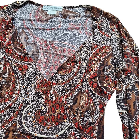 Y2k Fall Fairy Sequin Paisly 3/4 Sleeve Dressbarn Deep V Blouse- Small - Picture 5 of 7